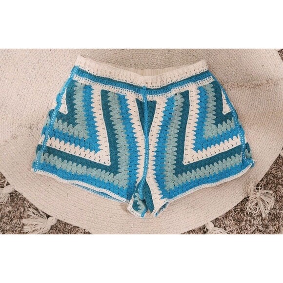 Rebellion Again Blue Crocheted Shorts Size Medium Beach Boho Hippie - Picture 1 of 5